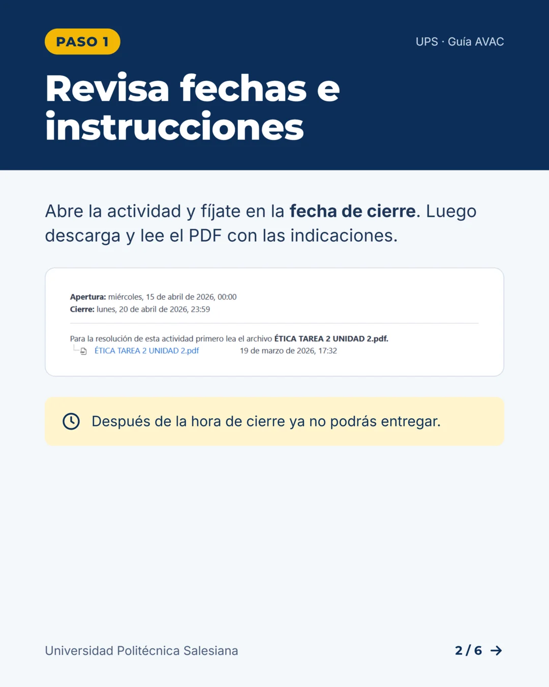 Revisa fechas e instrucciones de la actividad