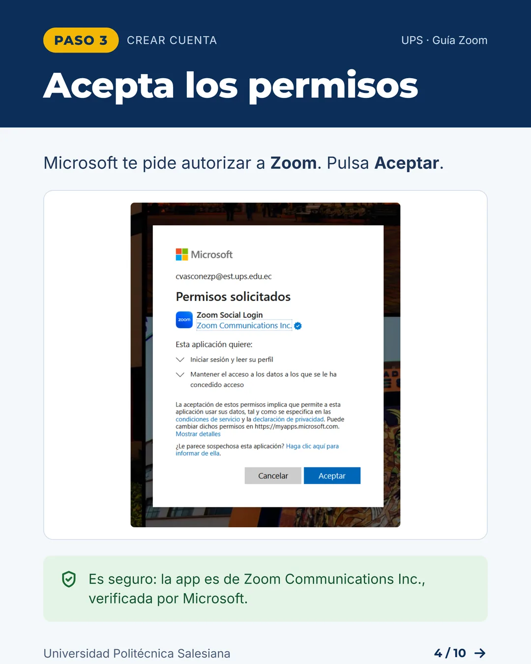 Acepta los permisos de Microsoft para Zoom