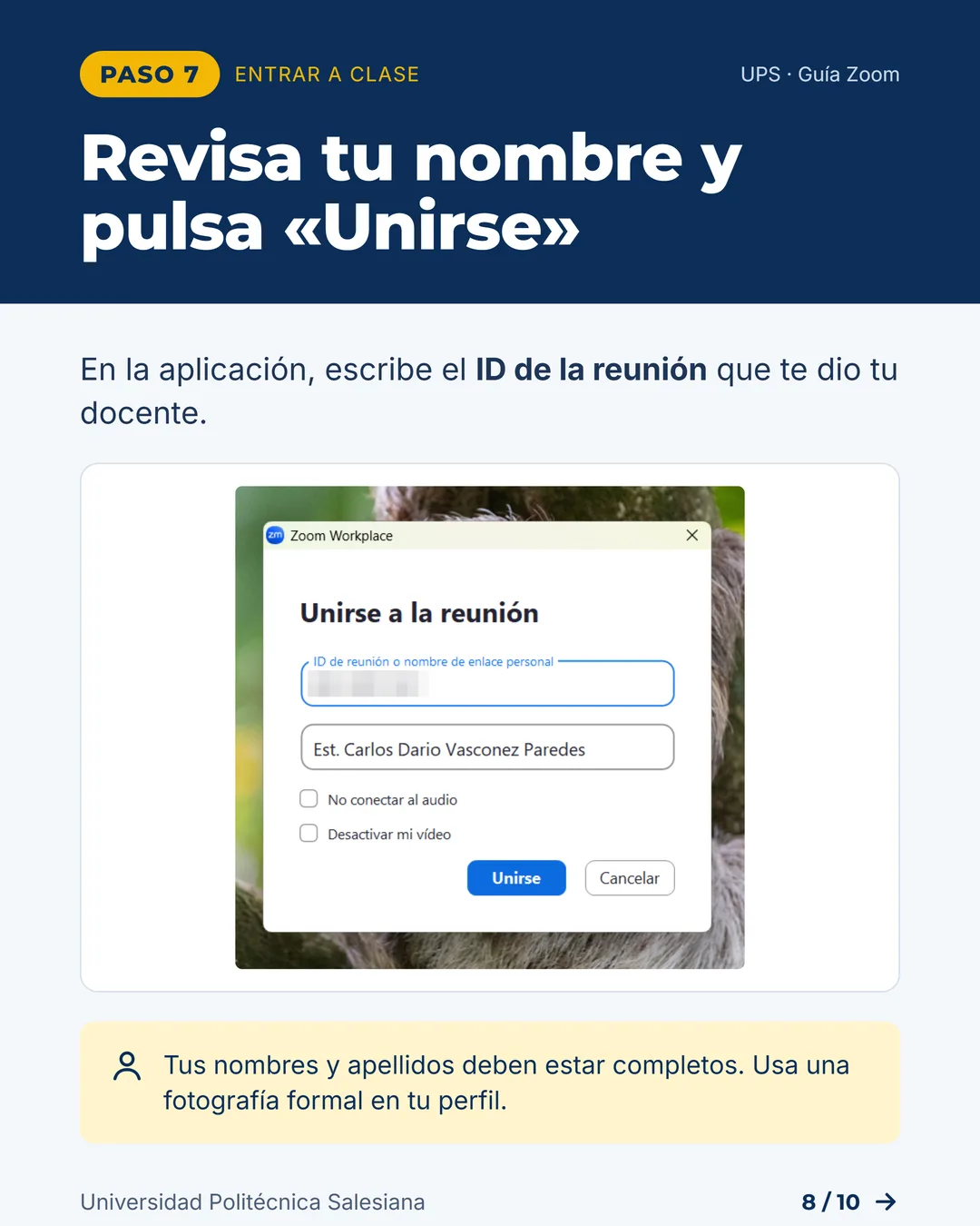 Revisa tu nombre y pulsa Unirse a la reunión