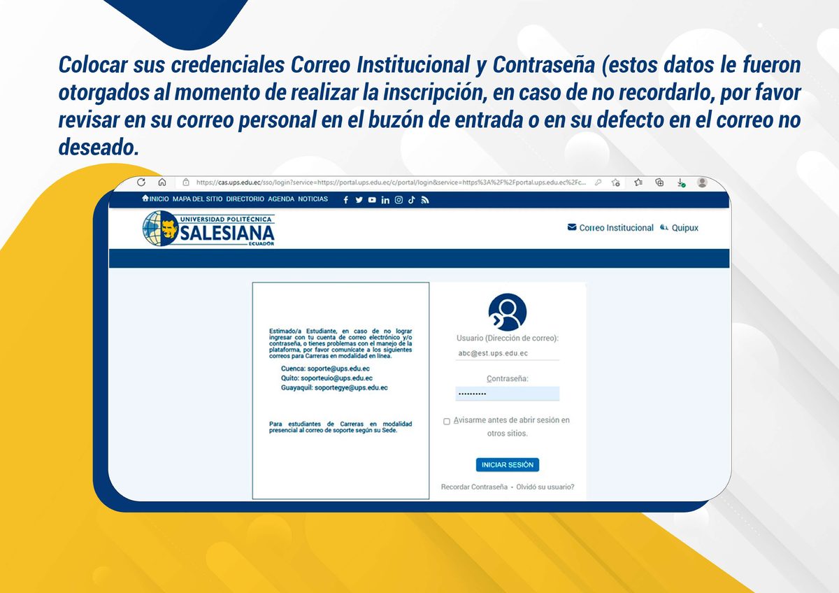 Pantalla de inicio de sesión con credenciales institucionales