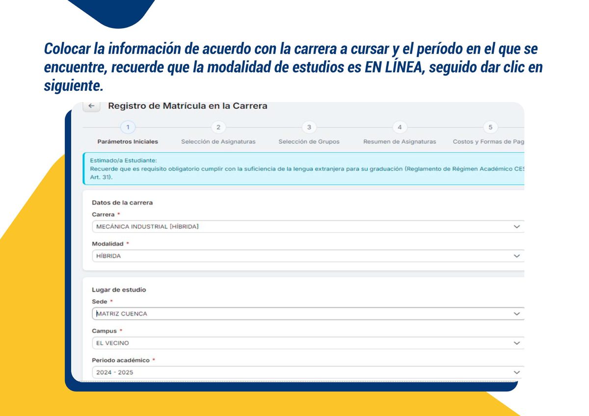 Formulario de parámetros iniciales: carrera, modalidad, sede, campus y período
