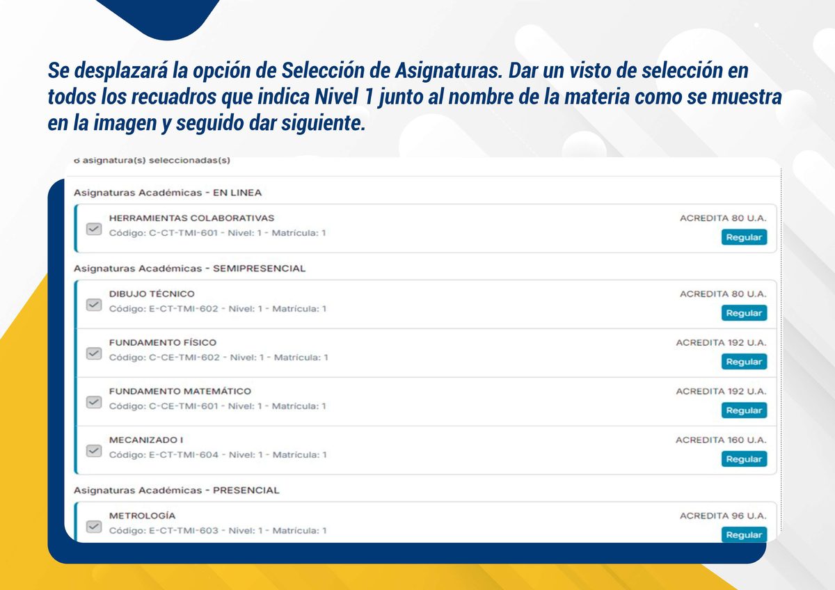 Lista de asignaturas disponibles para seleccionar con casillas de verificación