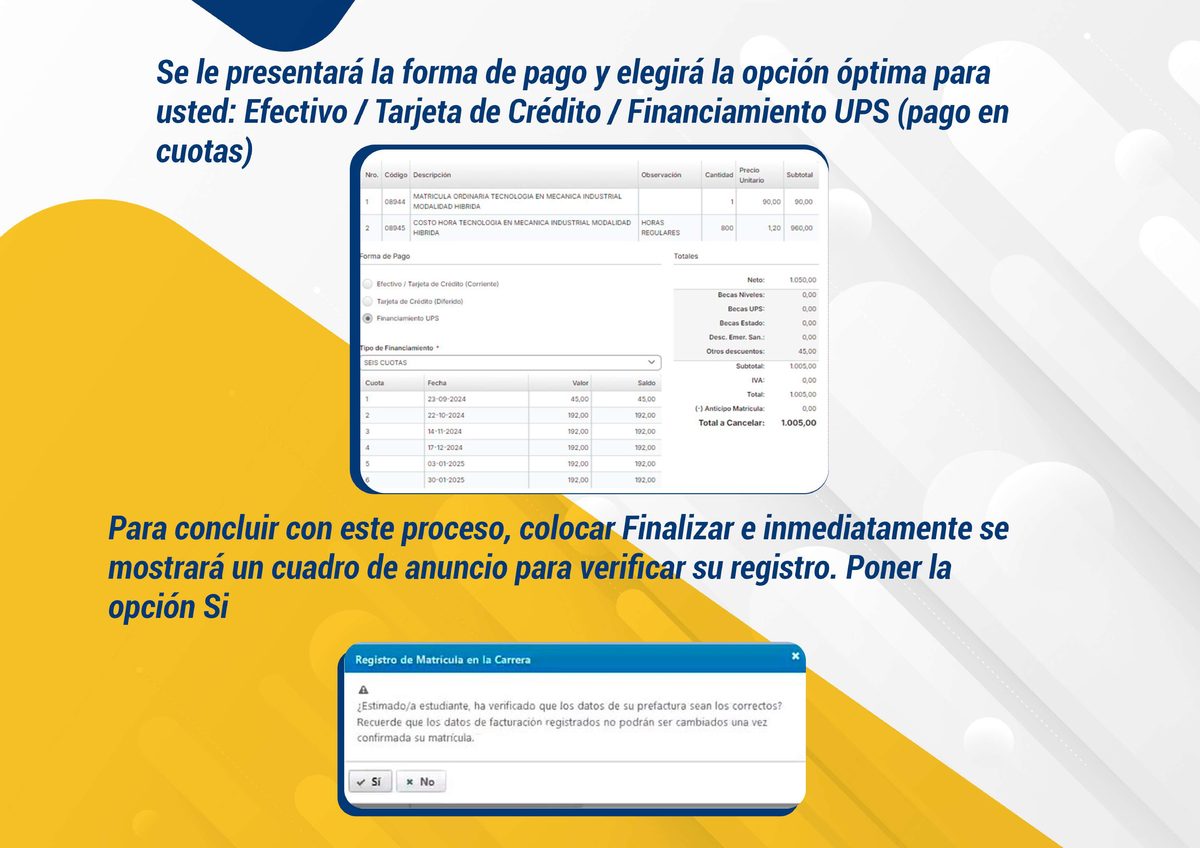 Resumen de matrícula con costos, formas de pago y confirmación
