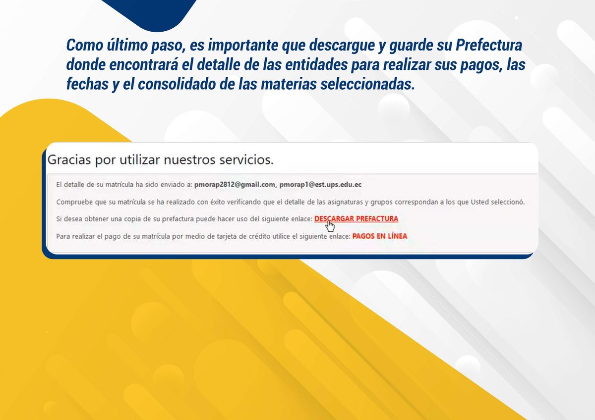 Confirmación de matrícula exitosa con enlace para descargar prefactura